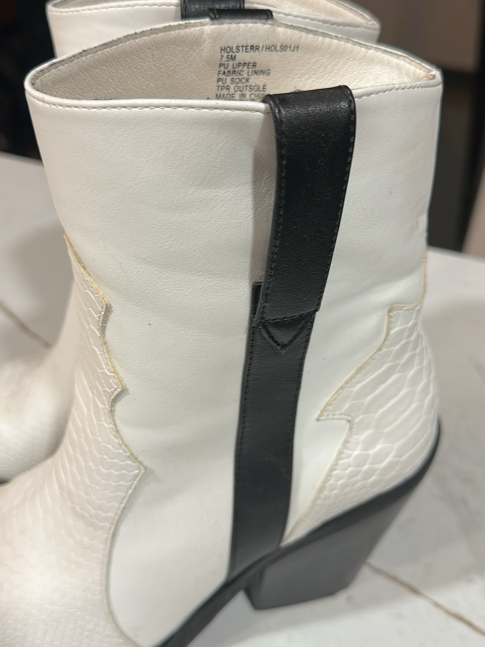 White Women's Western Ankle Boots with Black Pull Tab